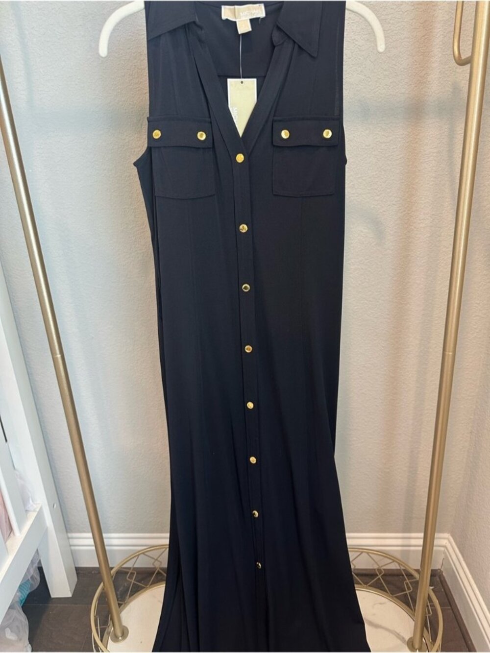 Michael Kors Black Sleeveless Maxi Shirt Dress with Gold Buttons NWT SIZE SMALL